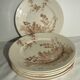 Set of 6 flat plates, Terre de Fer de Creil Montereau: Goldfinches