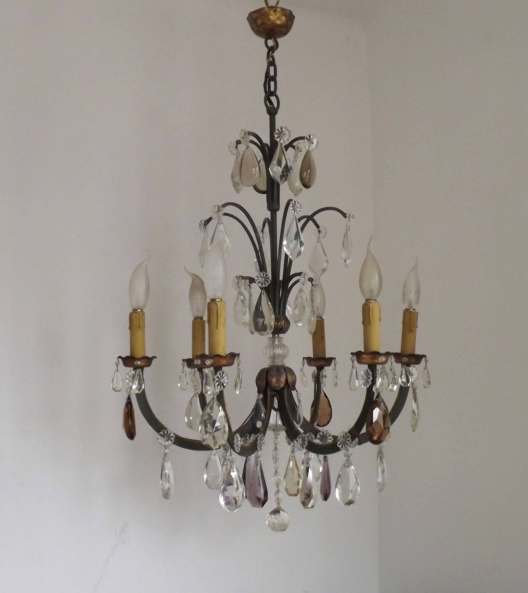 French Art Deco 6-Light Green Finish Bronze Crystal & Glass Chandelier 5343