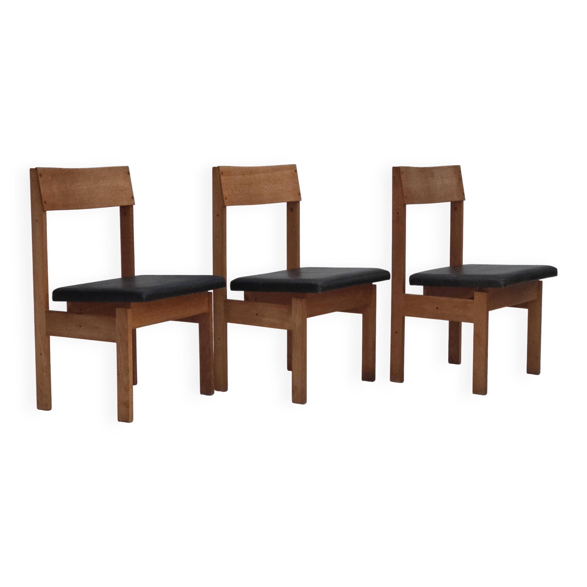 1970s, Danish design, set of 3 church chairs, leather, oak wood.