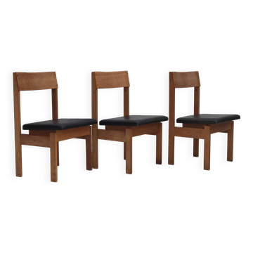 1970s, Danish design, set of 3 church chairs, leather, oak wood.