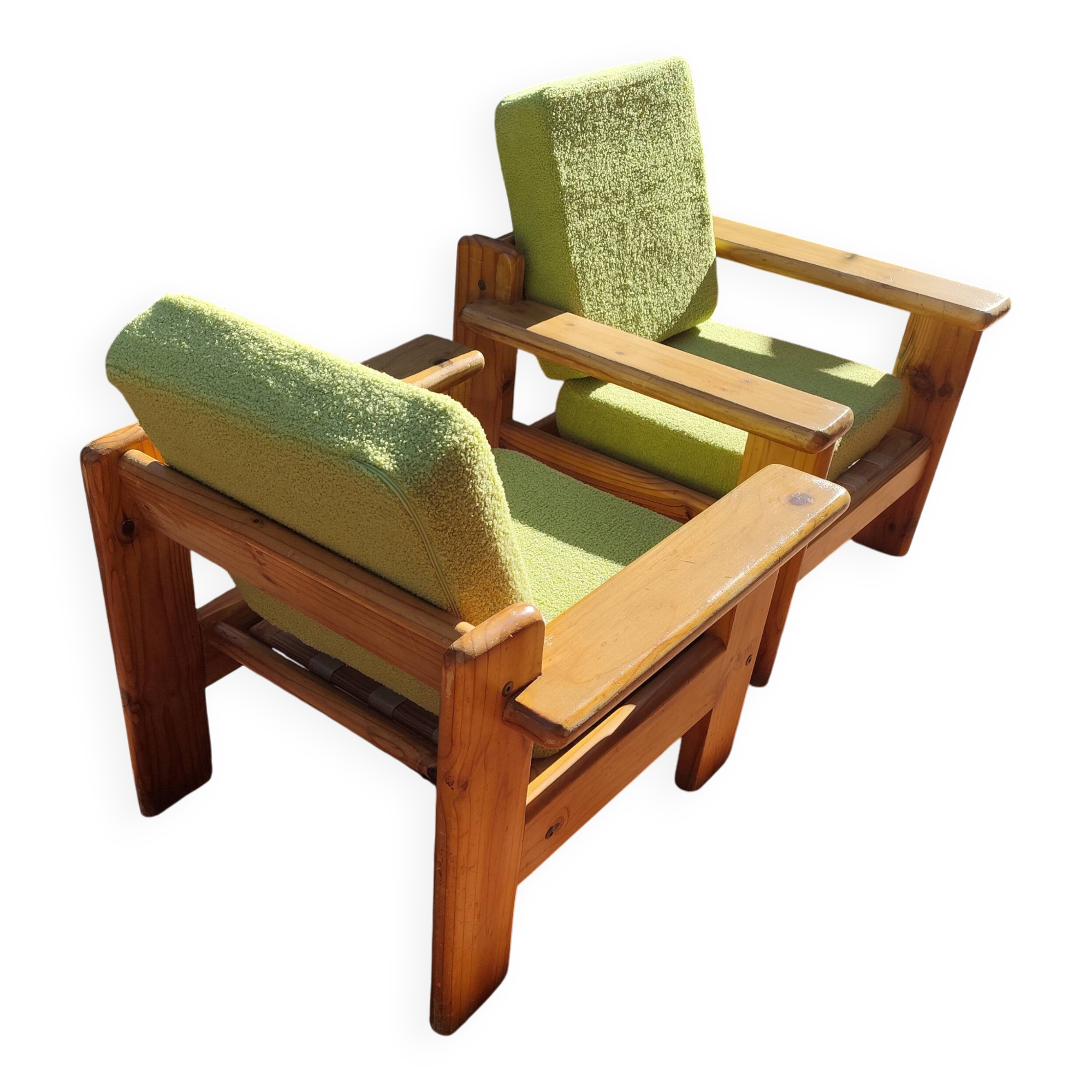 Pair of vintage brutalist lounge chairs in solid pine, 1980s DLG Regain