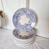 6 assiettes plates en terre de fer violette Sarreguemines U&C modèle géranium, XIXème siècle
