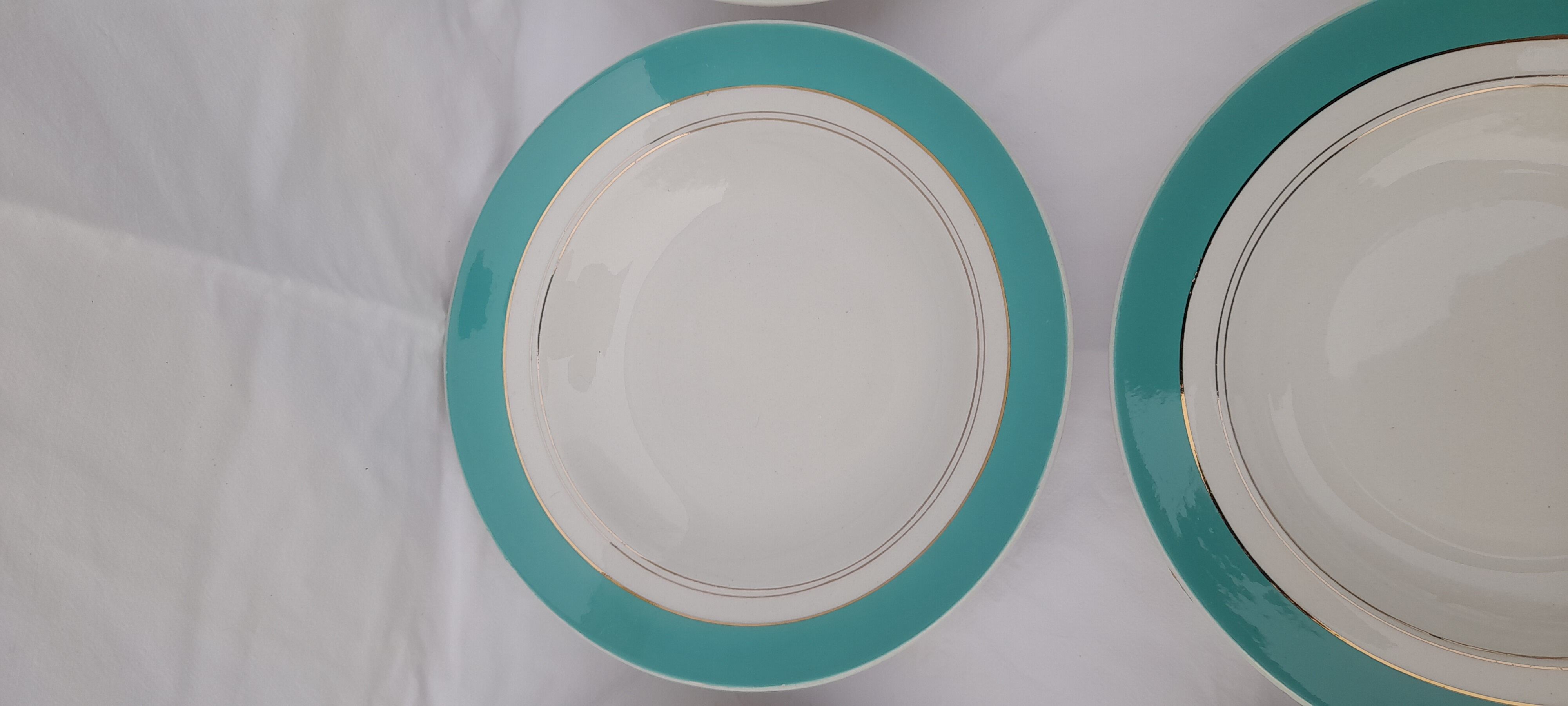 6 hollow plates in opaque porcelain from Badonviller with green marli diam 23 cm