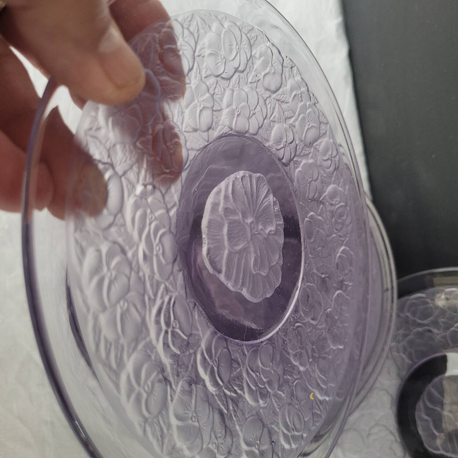 Moulded glass dessert plates – floral pattern – 1930s–1950s