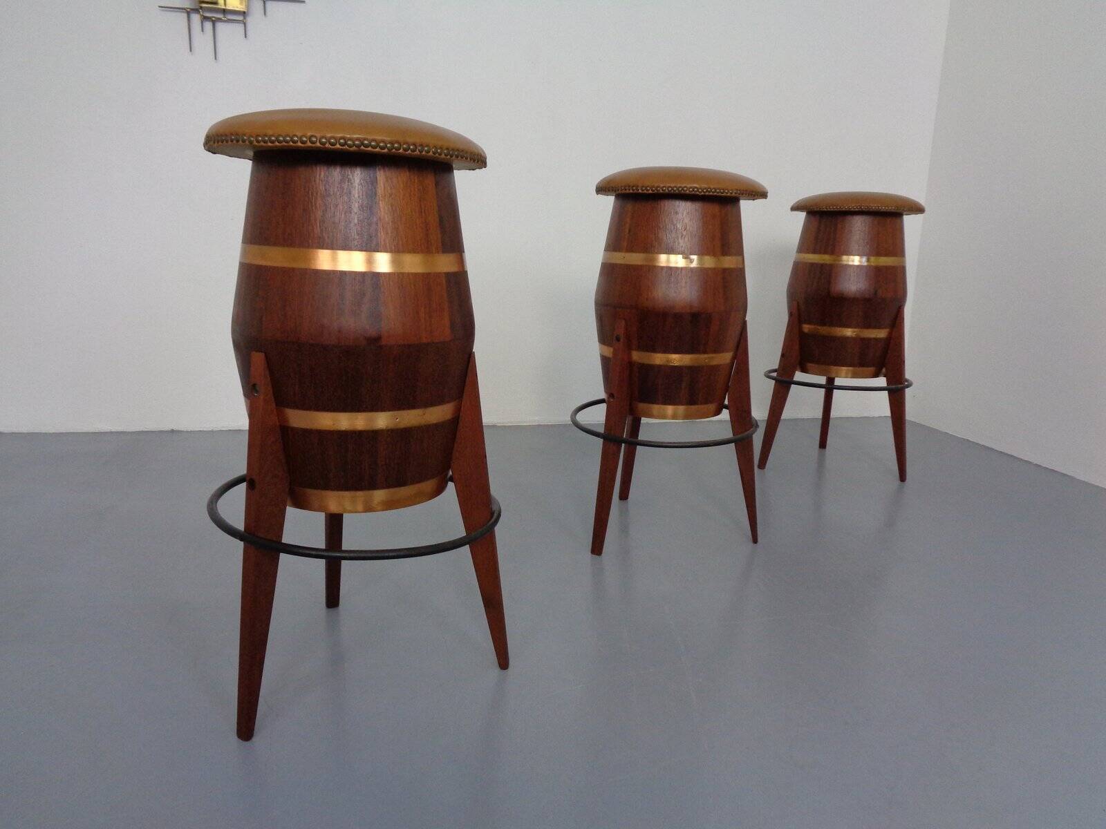 Mid-Century Teak & Copper Bar Stools, 1960s, Set of 3