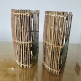 Pair of "tiki ona" wall lights in branches and rattan, 1980