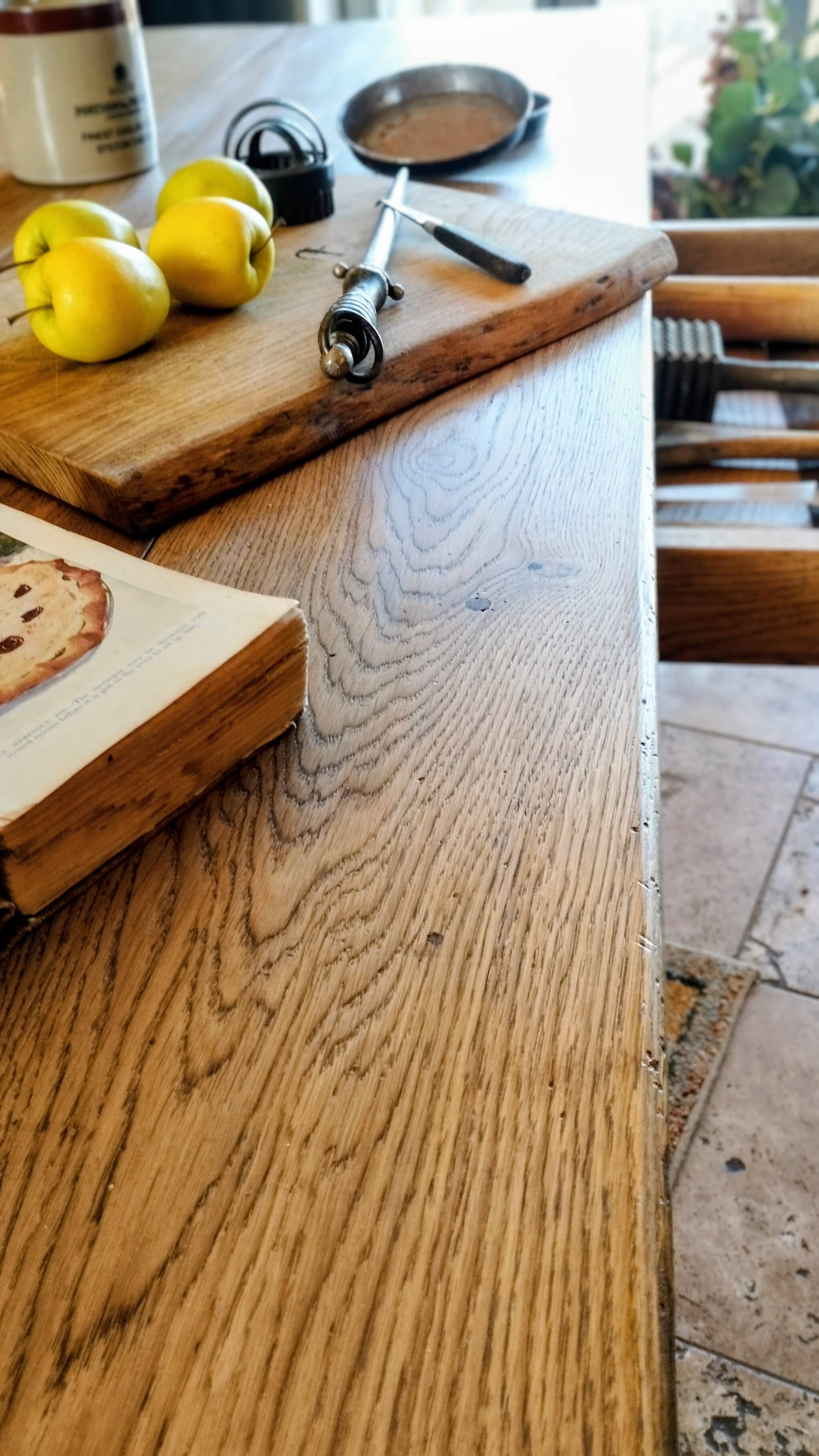 Solid oak farmhouse table with central drawer and extension