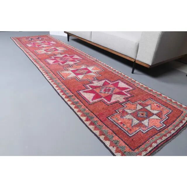 Vintage Turkish Oushak Handmade Wool Cotton Red Runner 87x336