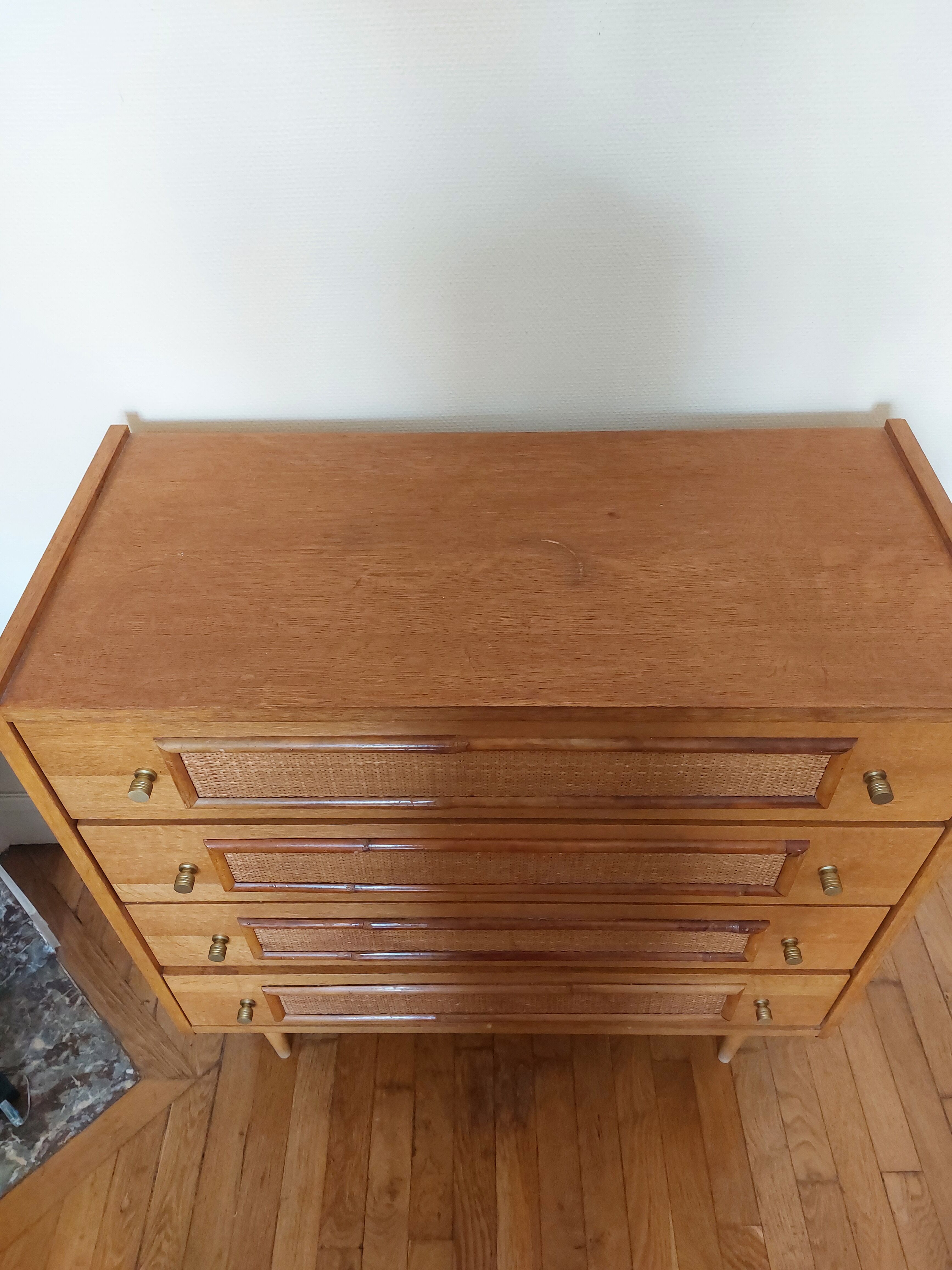 Vintage wood and rattan chest of drawers