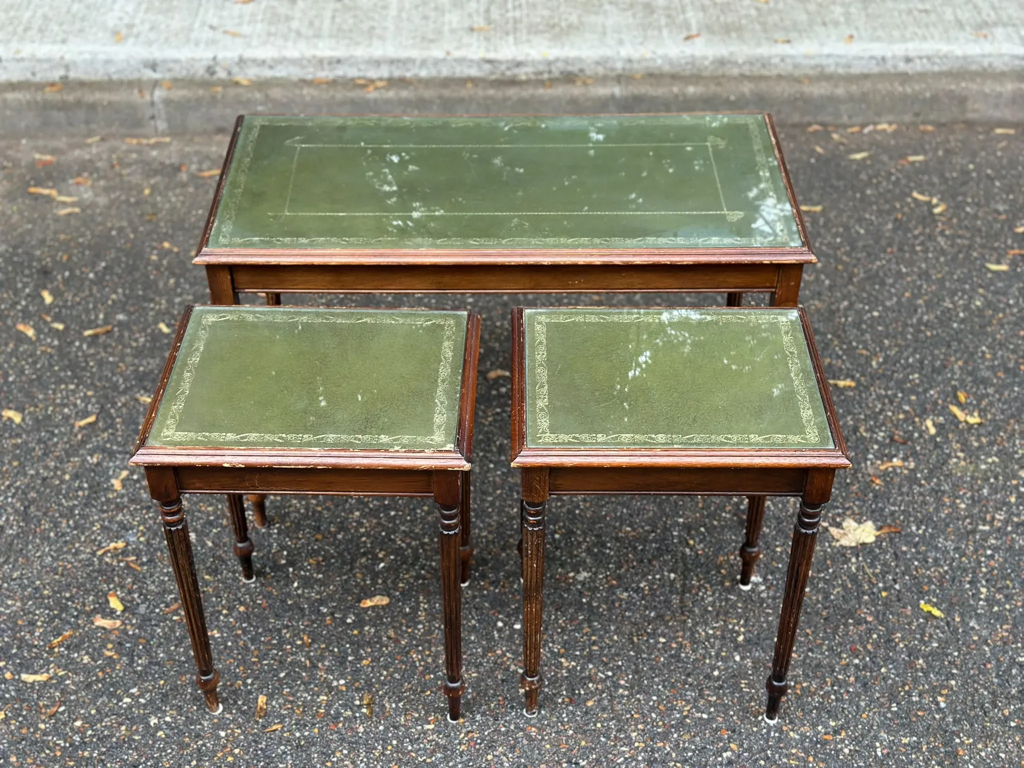 2 side tables, English Regency style, green leather & glass, 1960s.