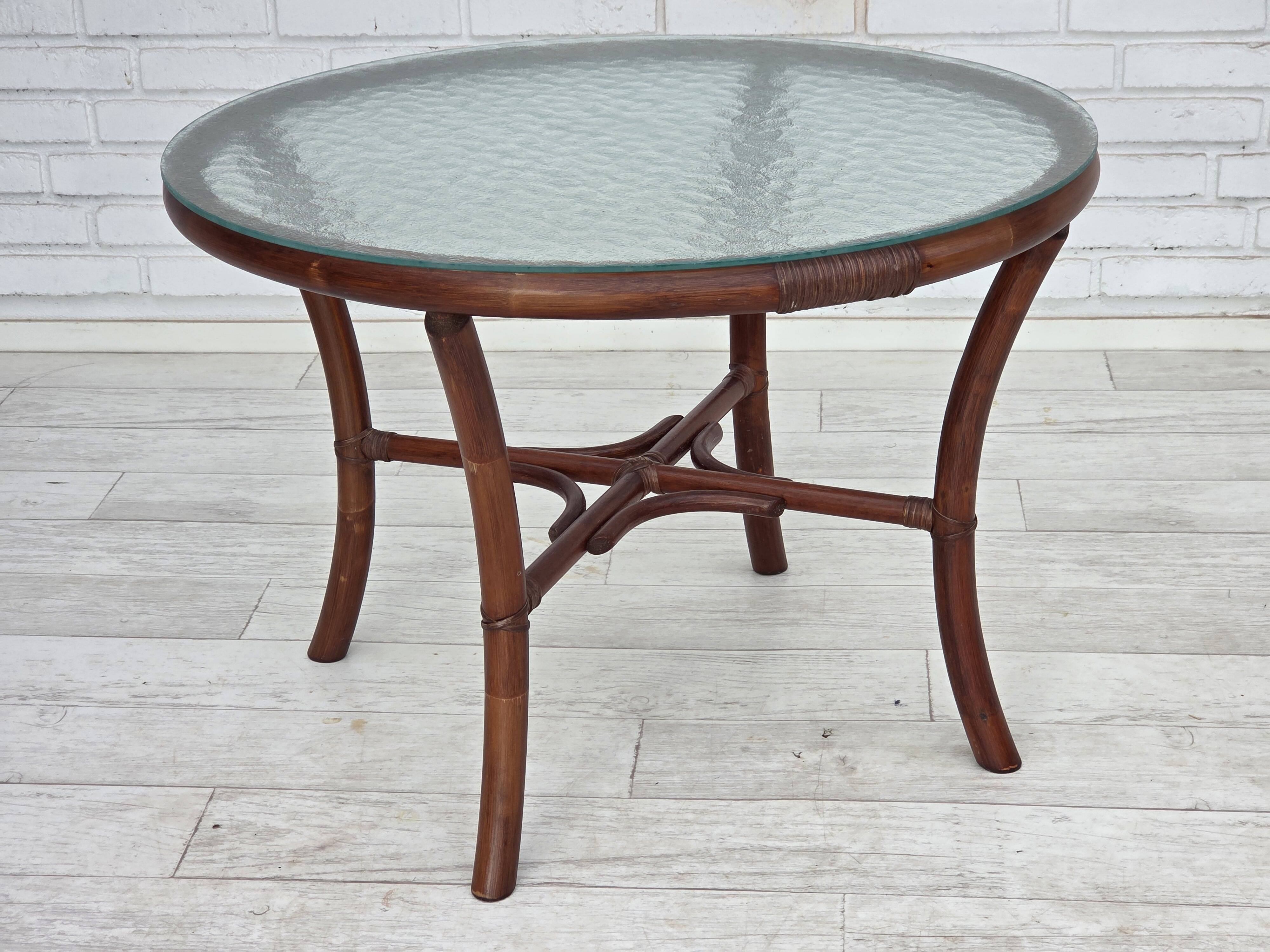 1970s, Danish coffee armchairs with table, rattan, nubuck fabric.