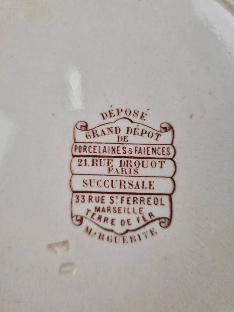 Set of 2 antique ironstone plates, "Daisy" pattern, Grand Dépôt Paris.
