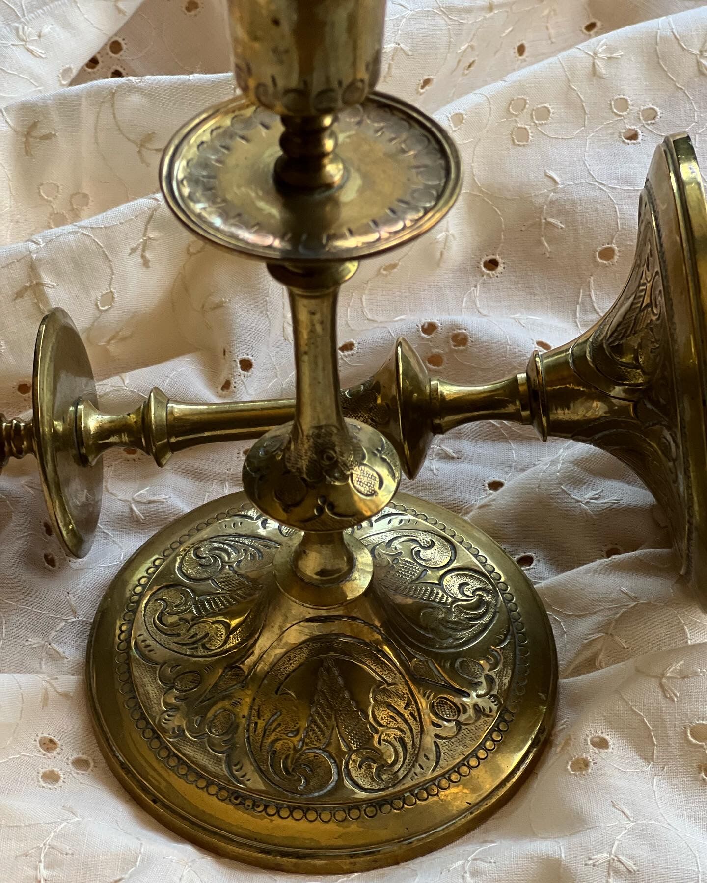 Solid brass candle holder with engraved patterns