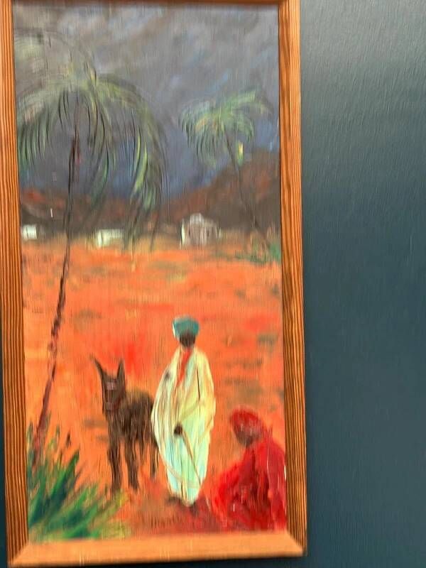 Mid-century oil on canvas “Figures with a dog” by Hans R, vintage & framed 33×63cm