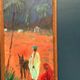 Mid-century oil on canvas “Figures with a dog” by Hans R, vintage & framed 33×63cm