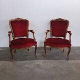 Ensemble banquette et 2 fauteuils style Louis XV en tissu rouge