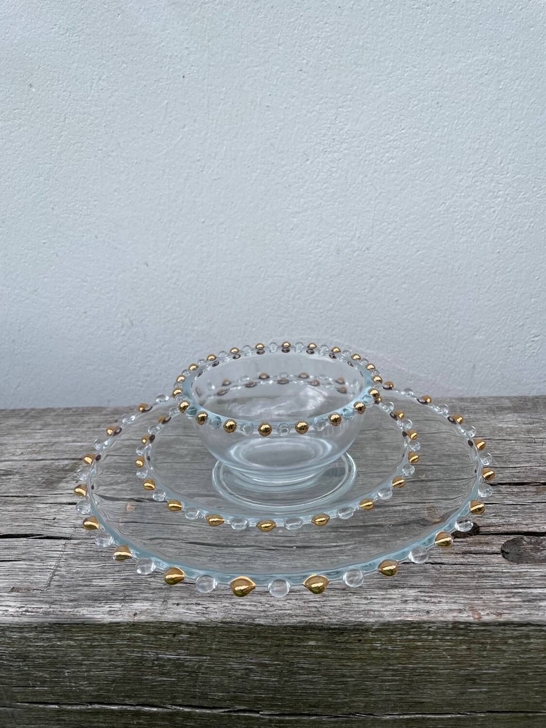 Trio of gold beaded glass dishes