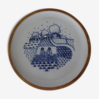 Plat gres poterie  de la colombe émaillé décor paysage naïf bleu ancien