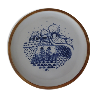 Plat gres poterie  de la colombe émaillé décor paysage naïf bleu ancien