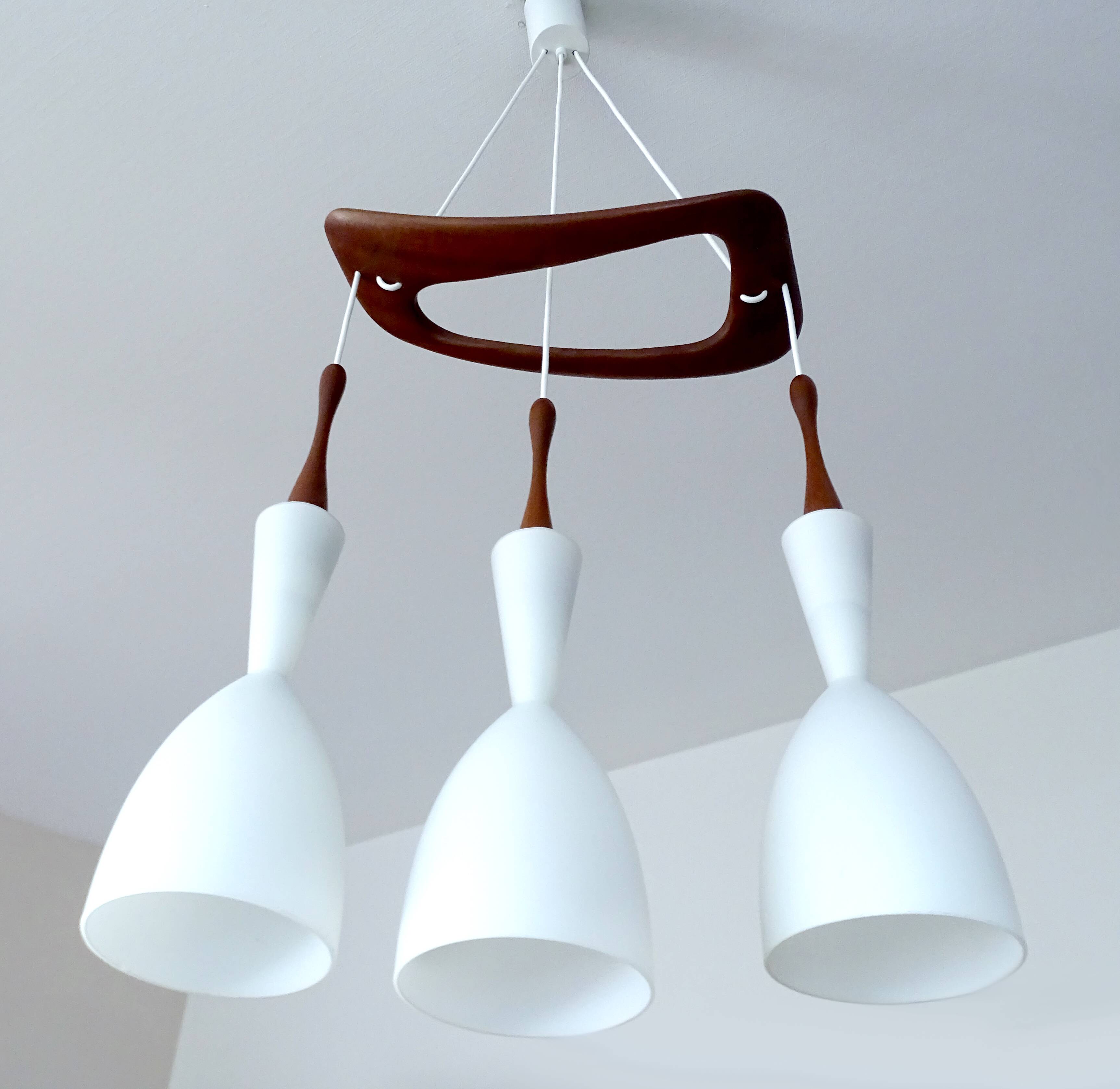 Large Scandinavian Pendant Light, Teak Wood and Glass