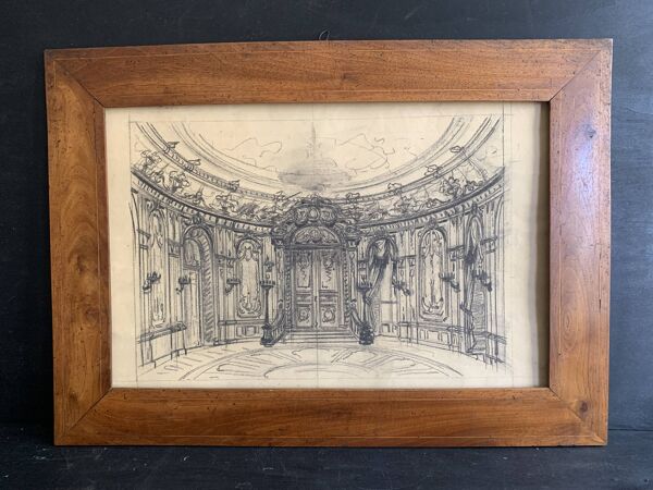 Salon parisien du 19e siècle, grand dessin original encadré