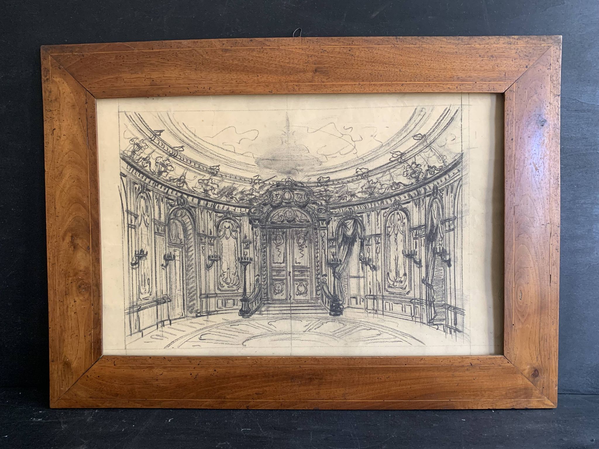 Salon parisien du 19e siècle, grand dessin original encadré