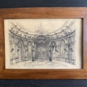 Salon parisien du 19e siècle, grand dessin original encadré