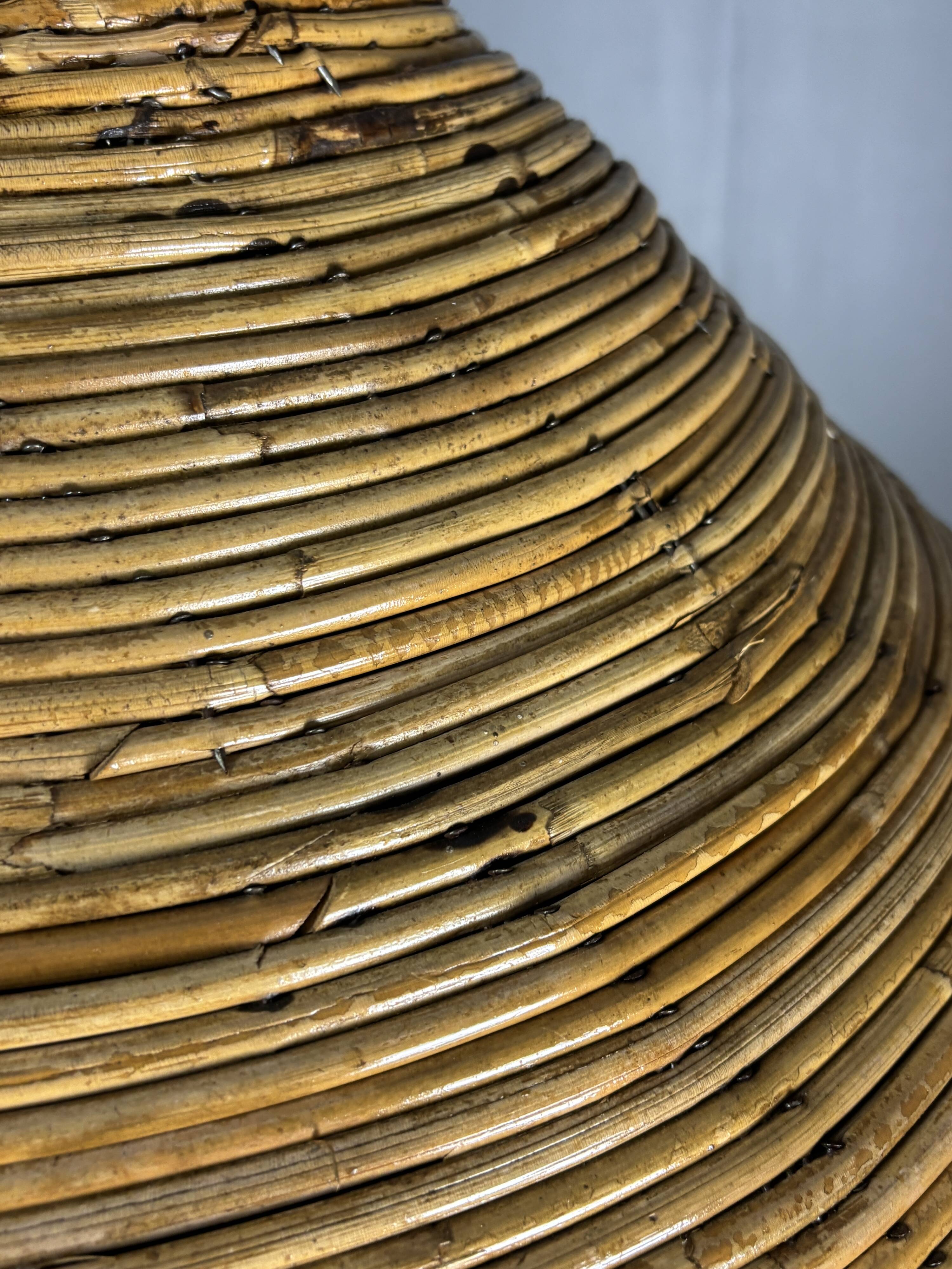 Midcentury pair pencil rattan large ( 62 cm ) pendants, Italy 1970s