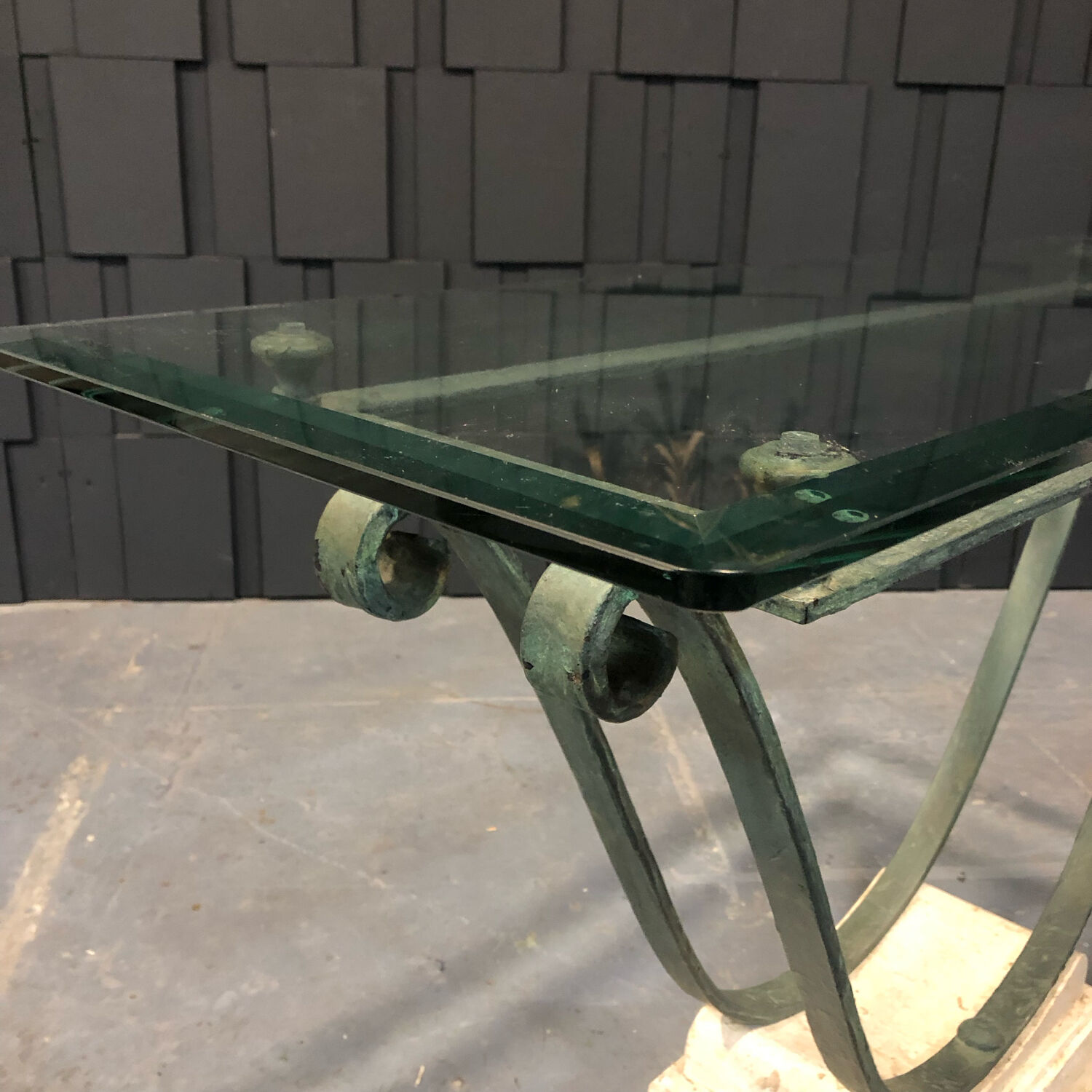 Iron and glass console, antique patina