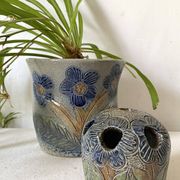 Cache pot et pique fleurs , poterie au sel , années 70