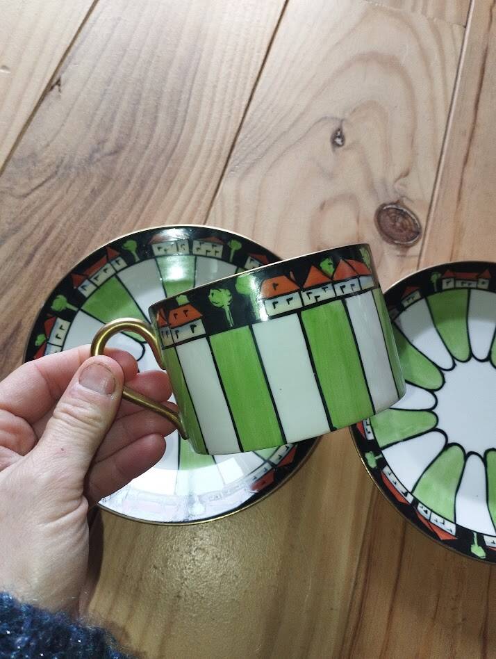 Antique cup and two saucers – Art Deco geometric design