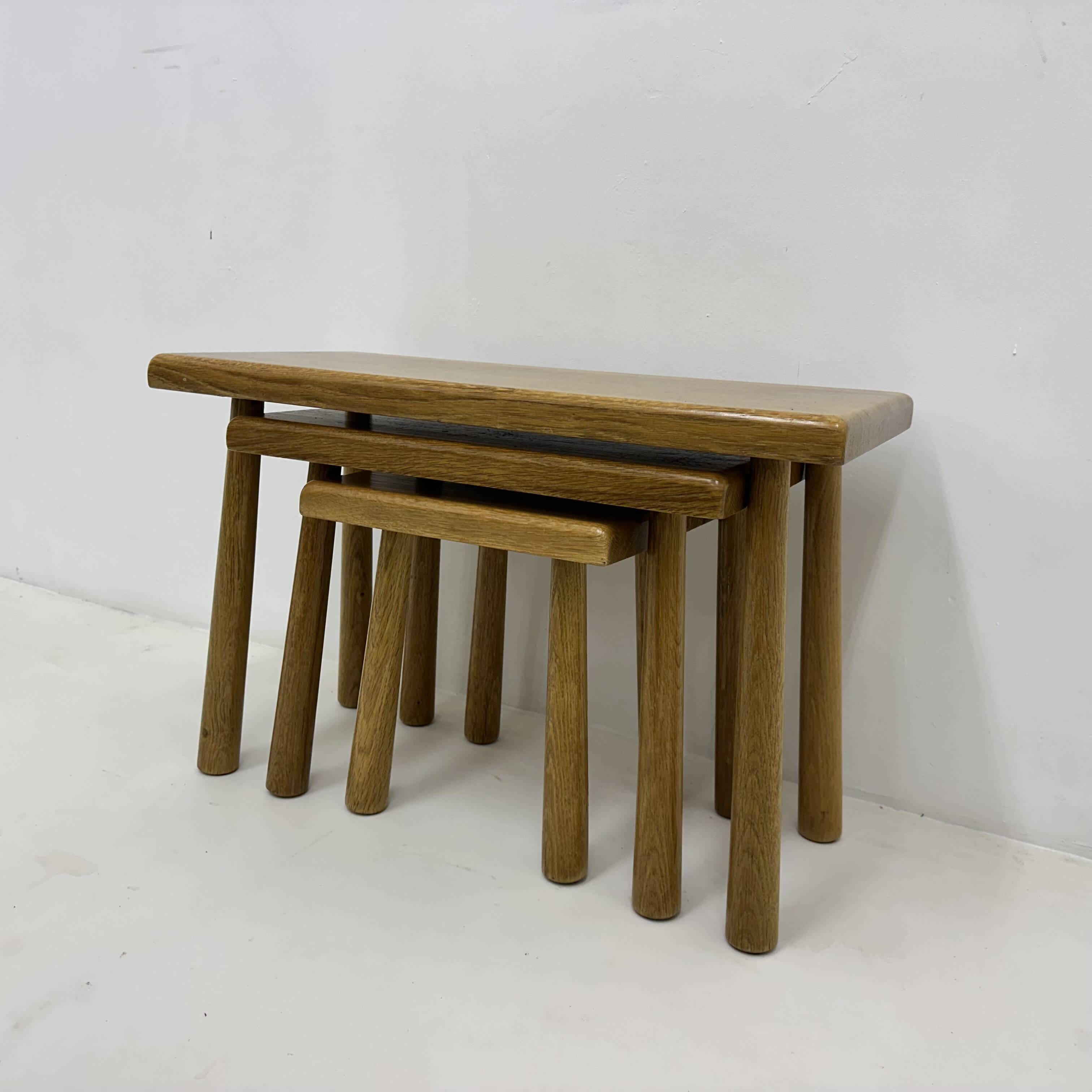 Set of nesting tables solid oak wood brutalist , 1970s
