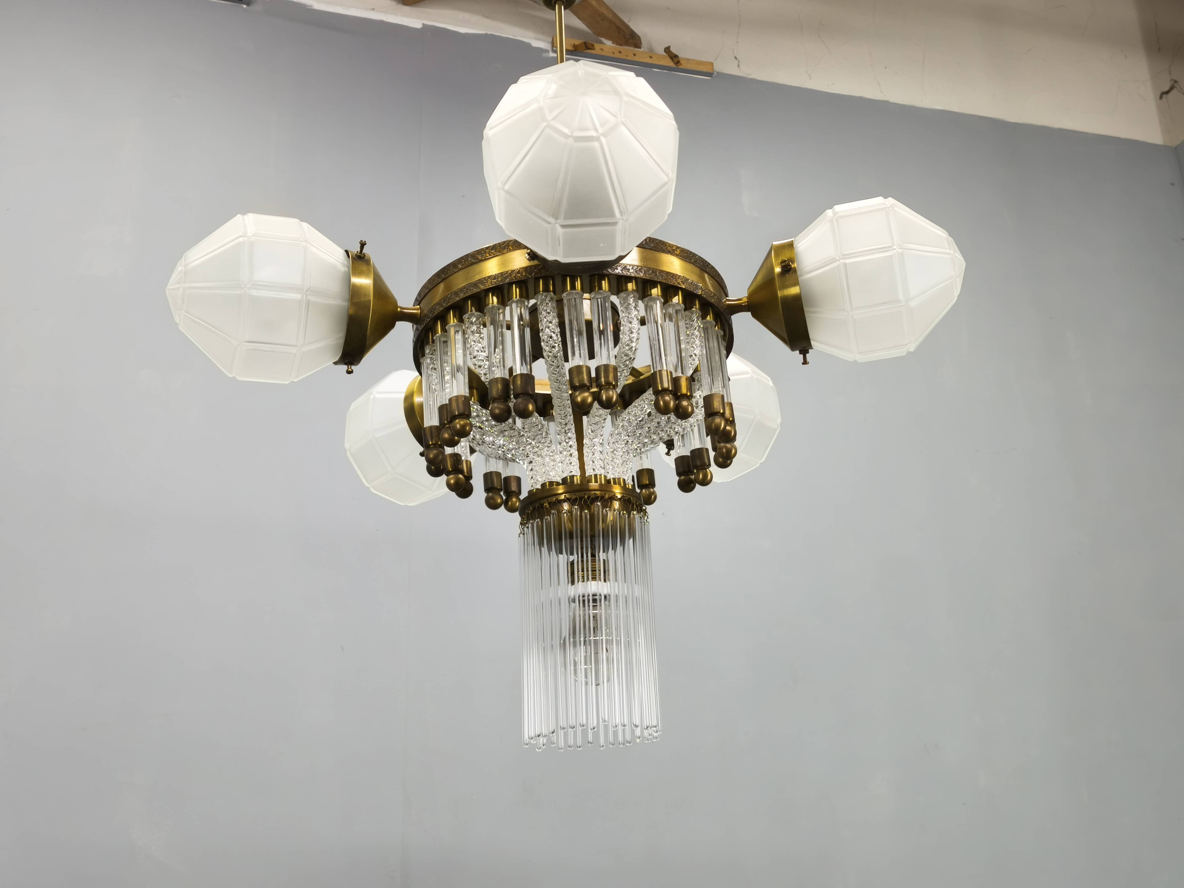 Czech Art Deco Brass and Glass Chandelier, 1950s