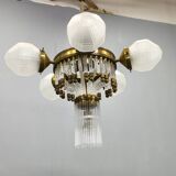 Czech Art Deco Brass and Glass Chandelier, 1950s
