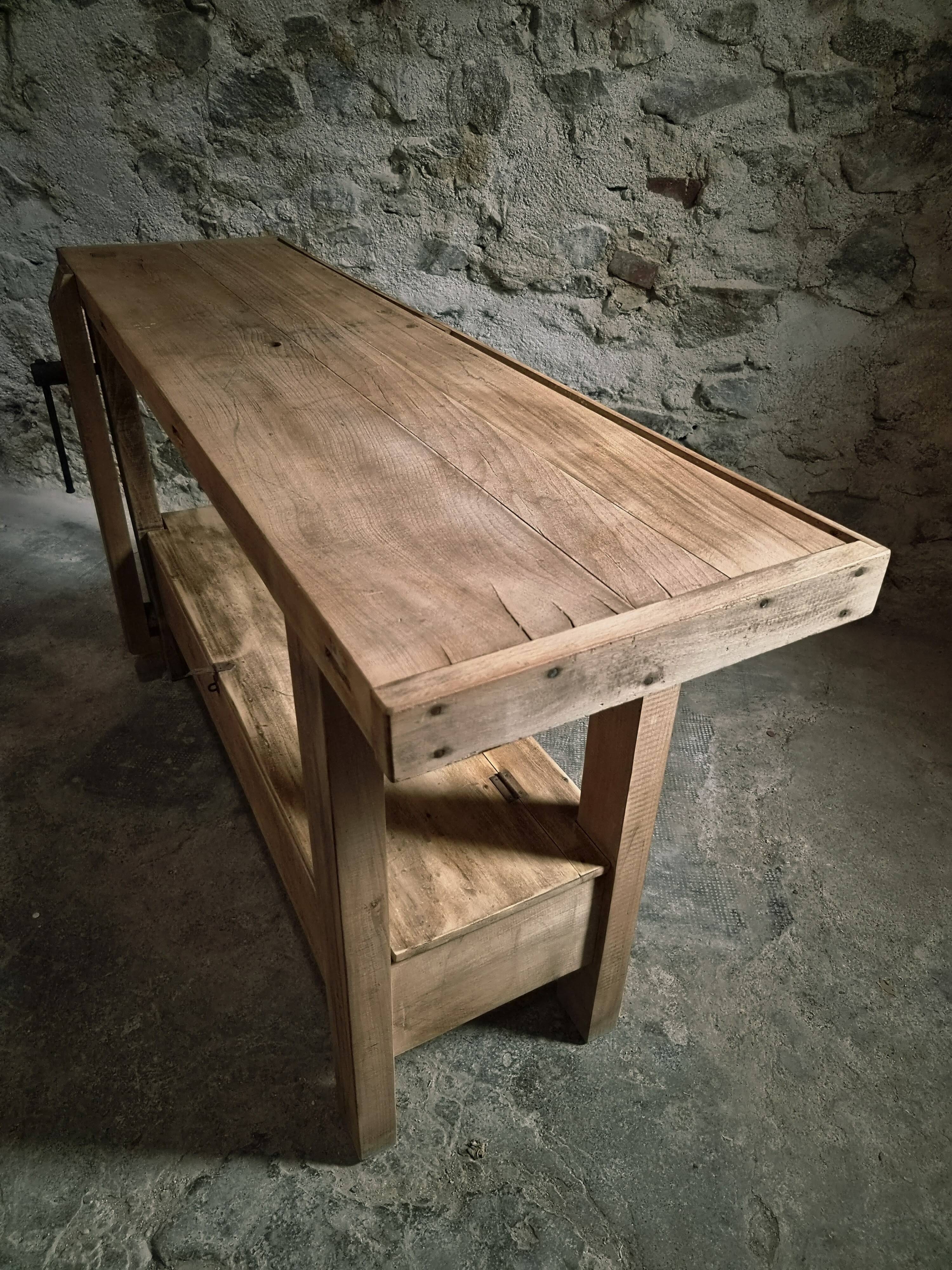 Vintage French beech side table, console, washbasin unit, industrial side table, circa 1950–1970.