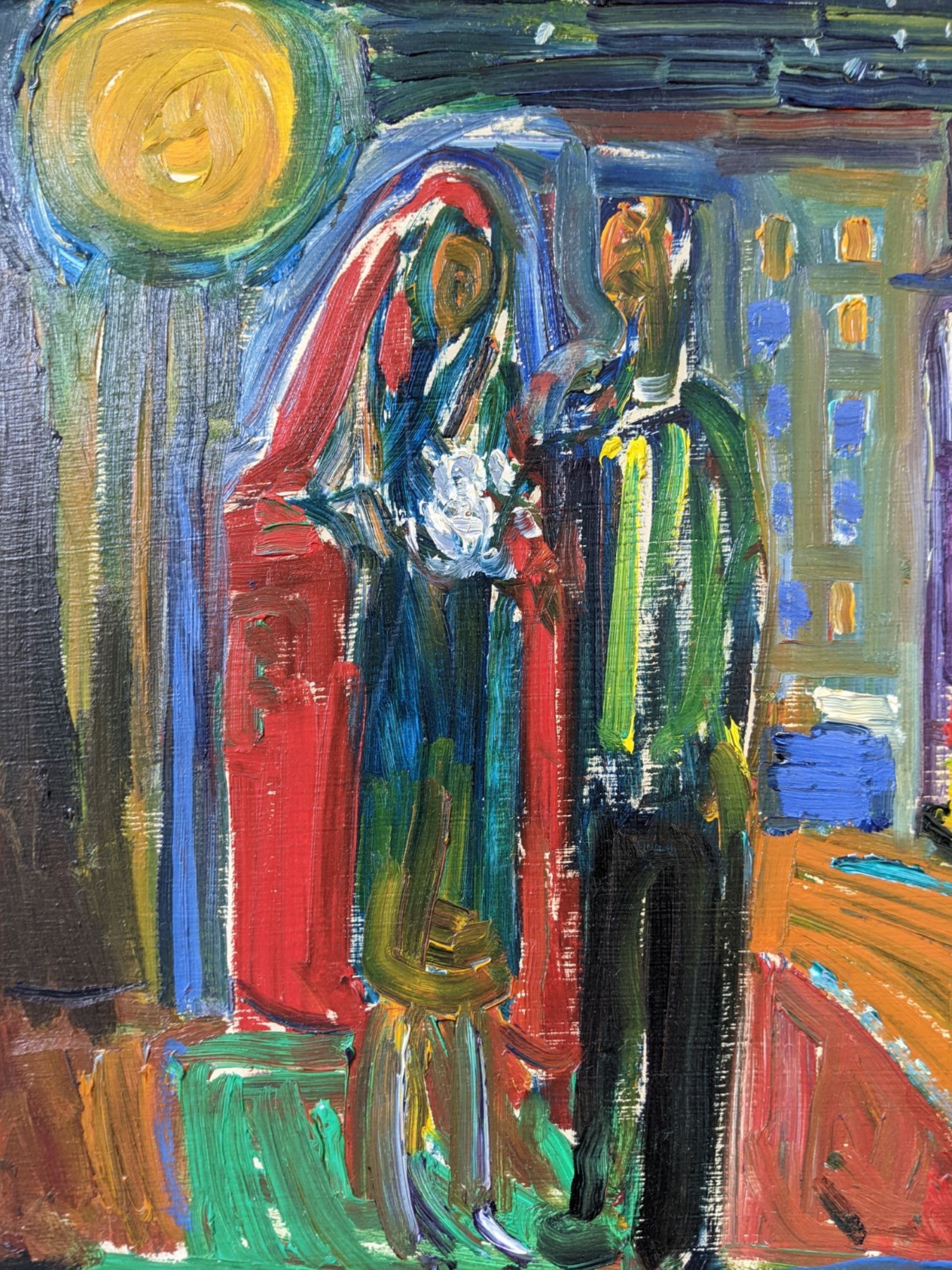 Mid-Century Modern Swedish "Just Married" Vintage Street Scene, Framed Oil Painting