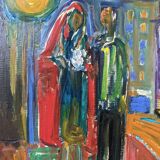 Mid-Century Modern Swedish "Just Married" Vintage Street Scene, Framed Oil Painting