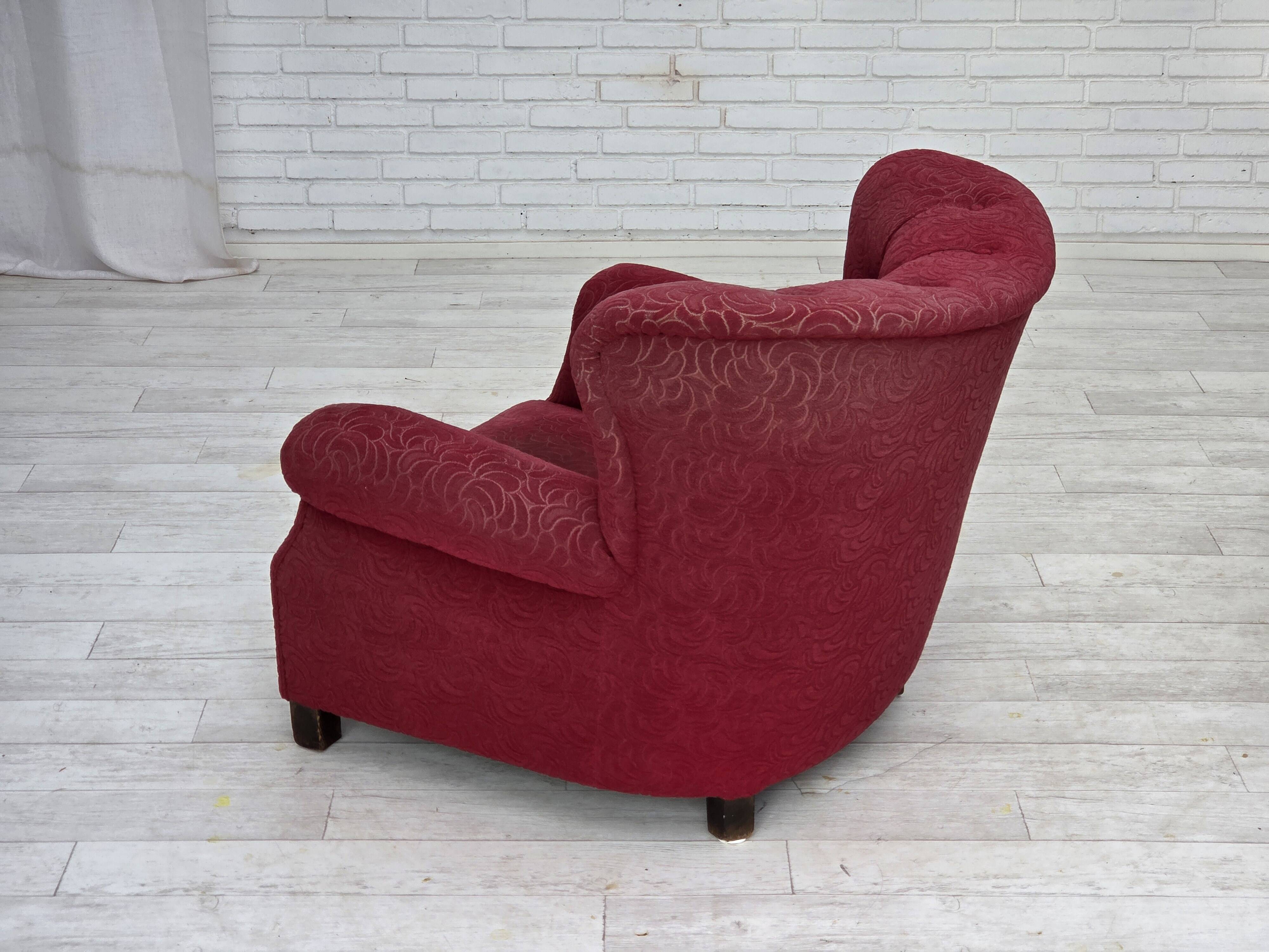 1950s, Danish relax armchair, red furniture fabric, ash wood legs.