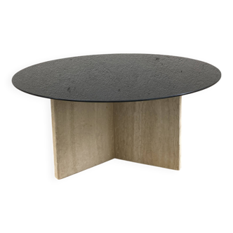 Travertine and glass coffee table