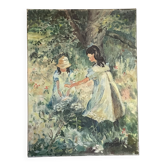 Painting of young girls in the garden, oil on canvas, signed