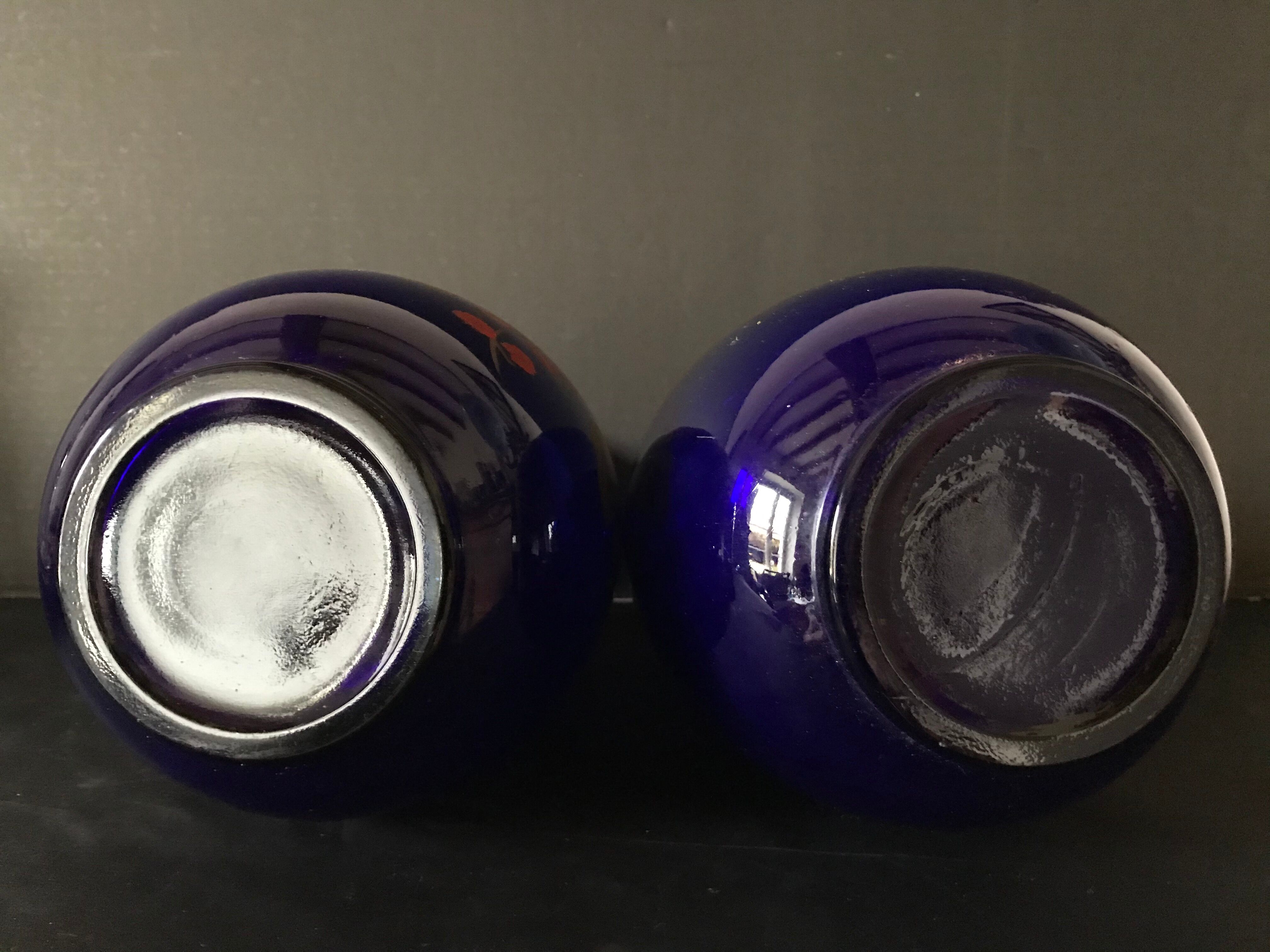 Pair of hand-painted cobalt blue glass vases