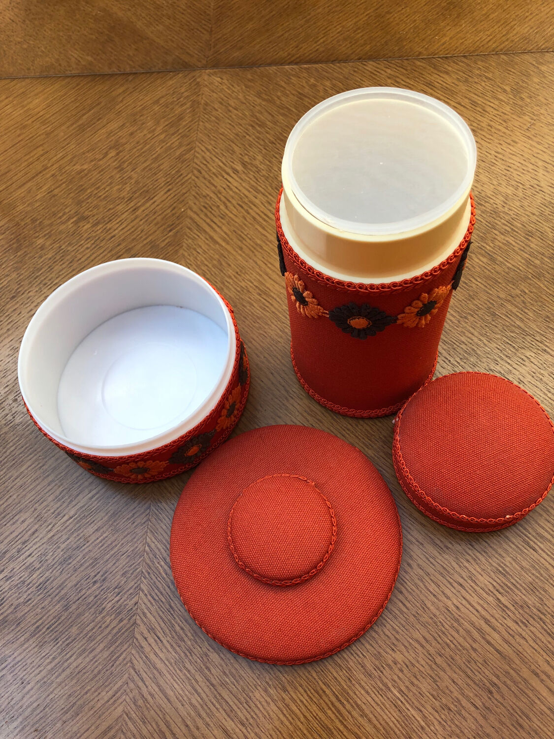 Vintage orange toilet storage boxes