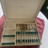 Set of 12 cutlery, 6 soup spoons and 6 forks in silver-plated metal, hallmark 84 and hallmark