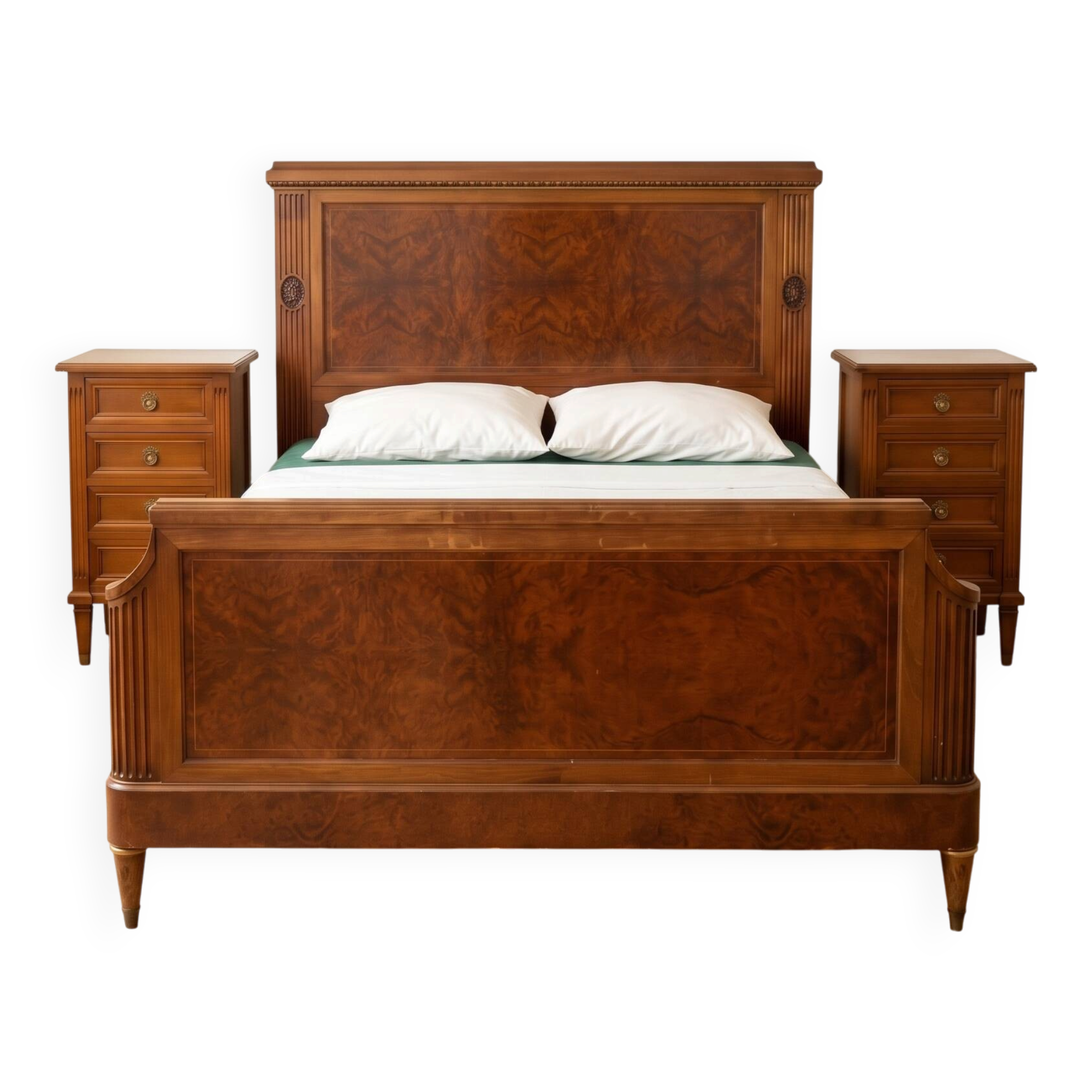 Double bed in Art Deco style with thuya burl wood and two bedside tables.