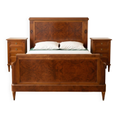Double bed in Art Deco style with thuya burl wood and two bedside tables.