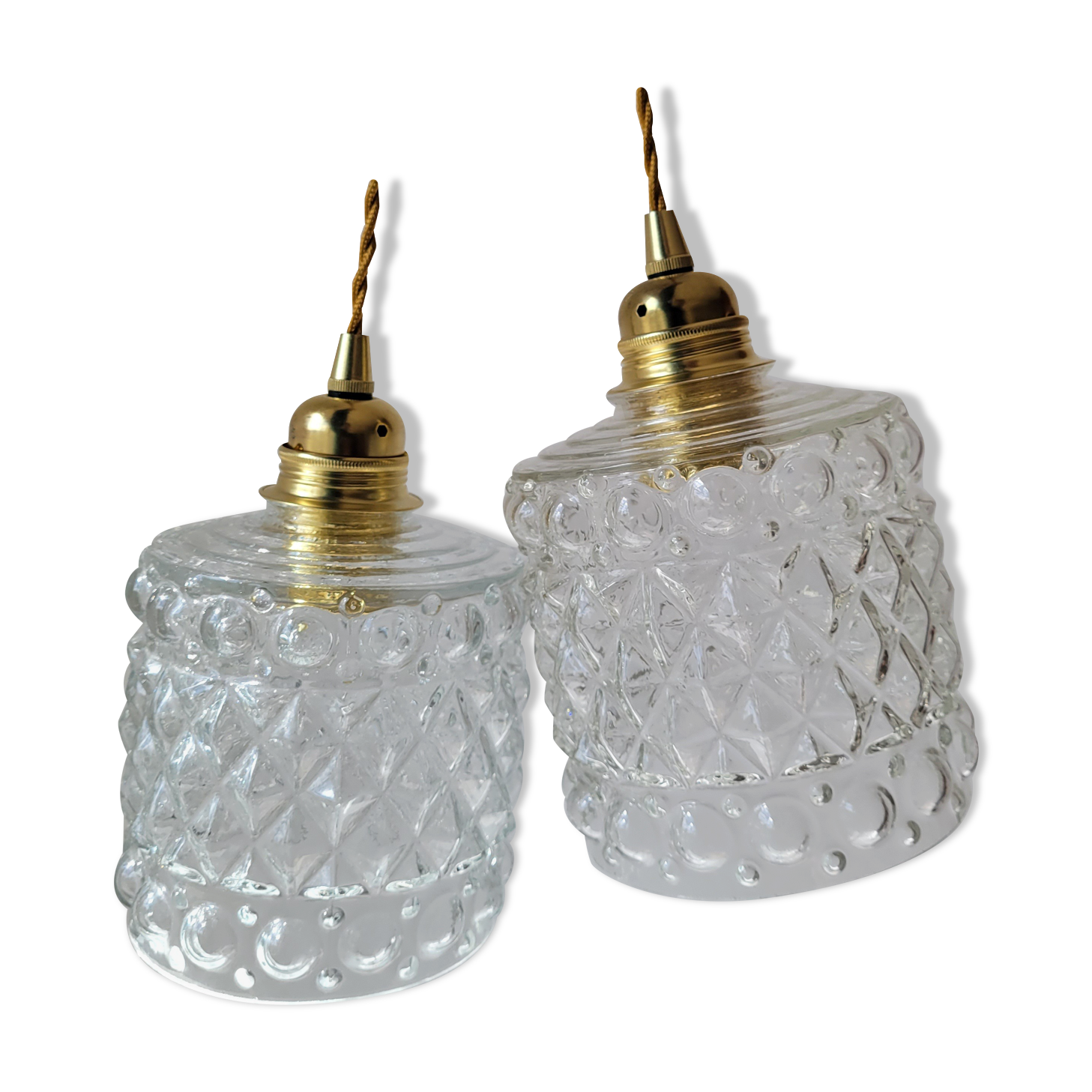 Duo of molded glass pendant lights