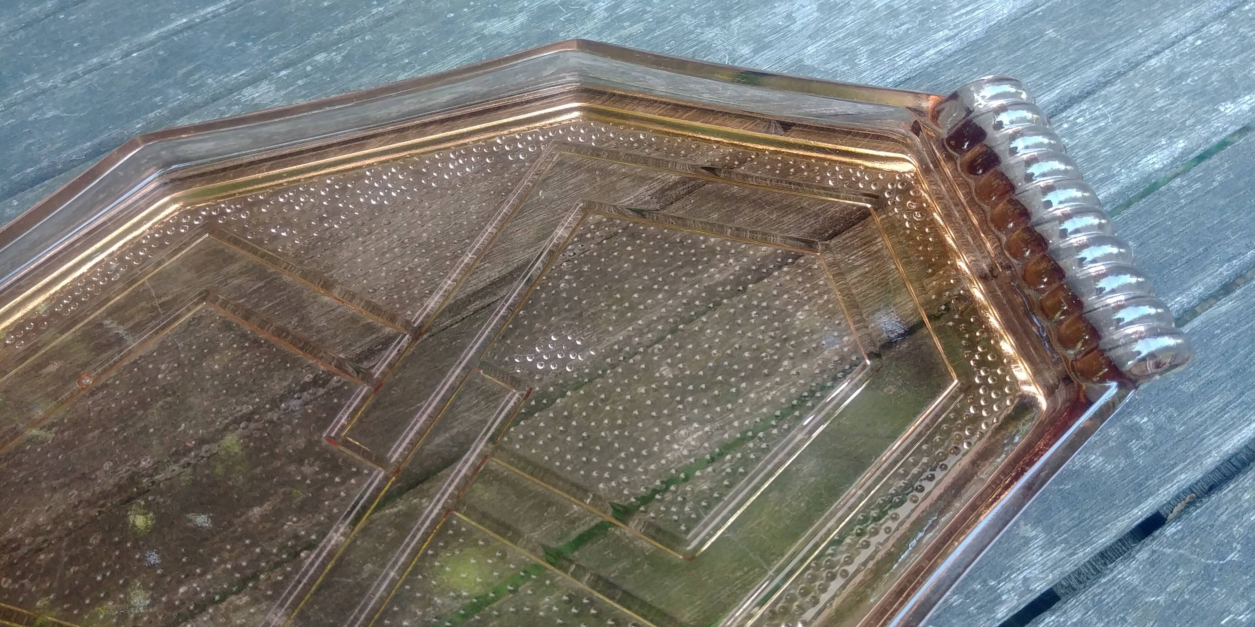 Old pink glass serving tray geometric shape 1950s