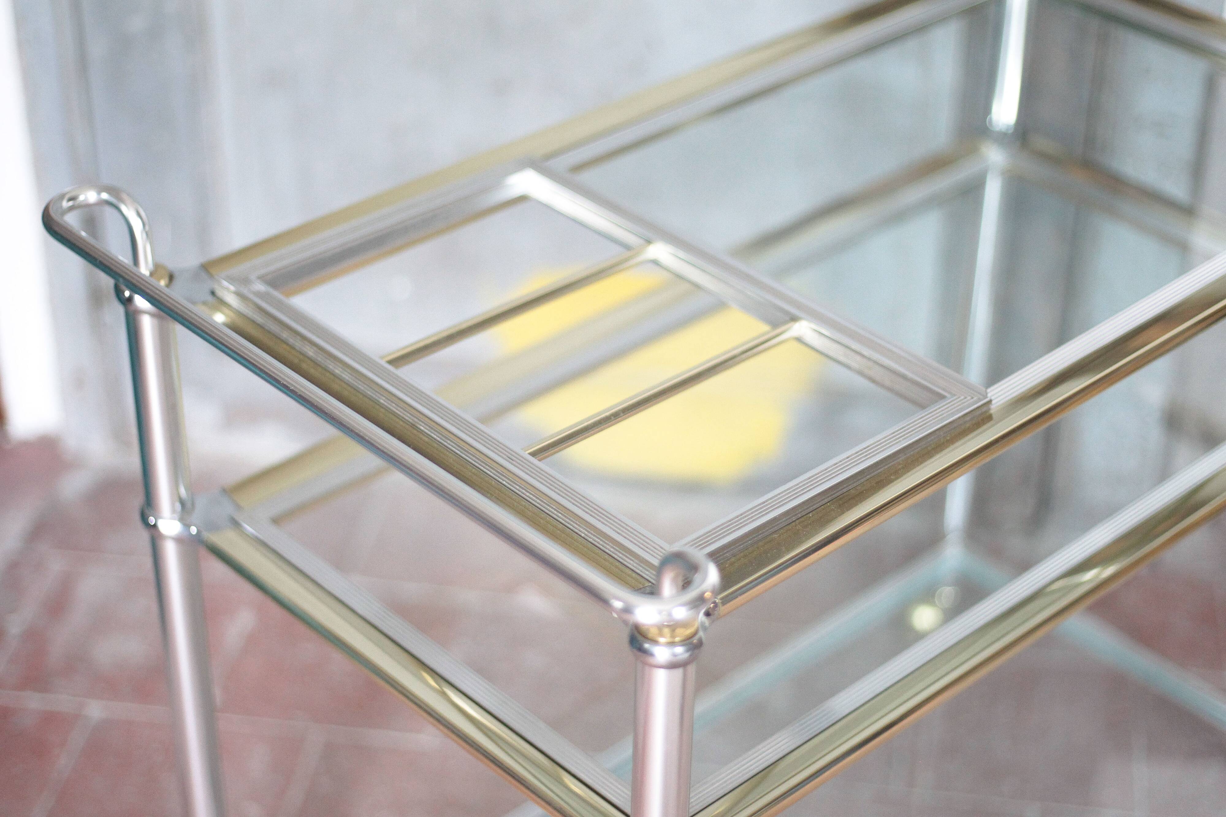 Vintage rolling dessert bar in gold metal and glass by Roche Bobois.