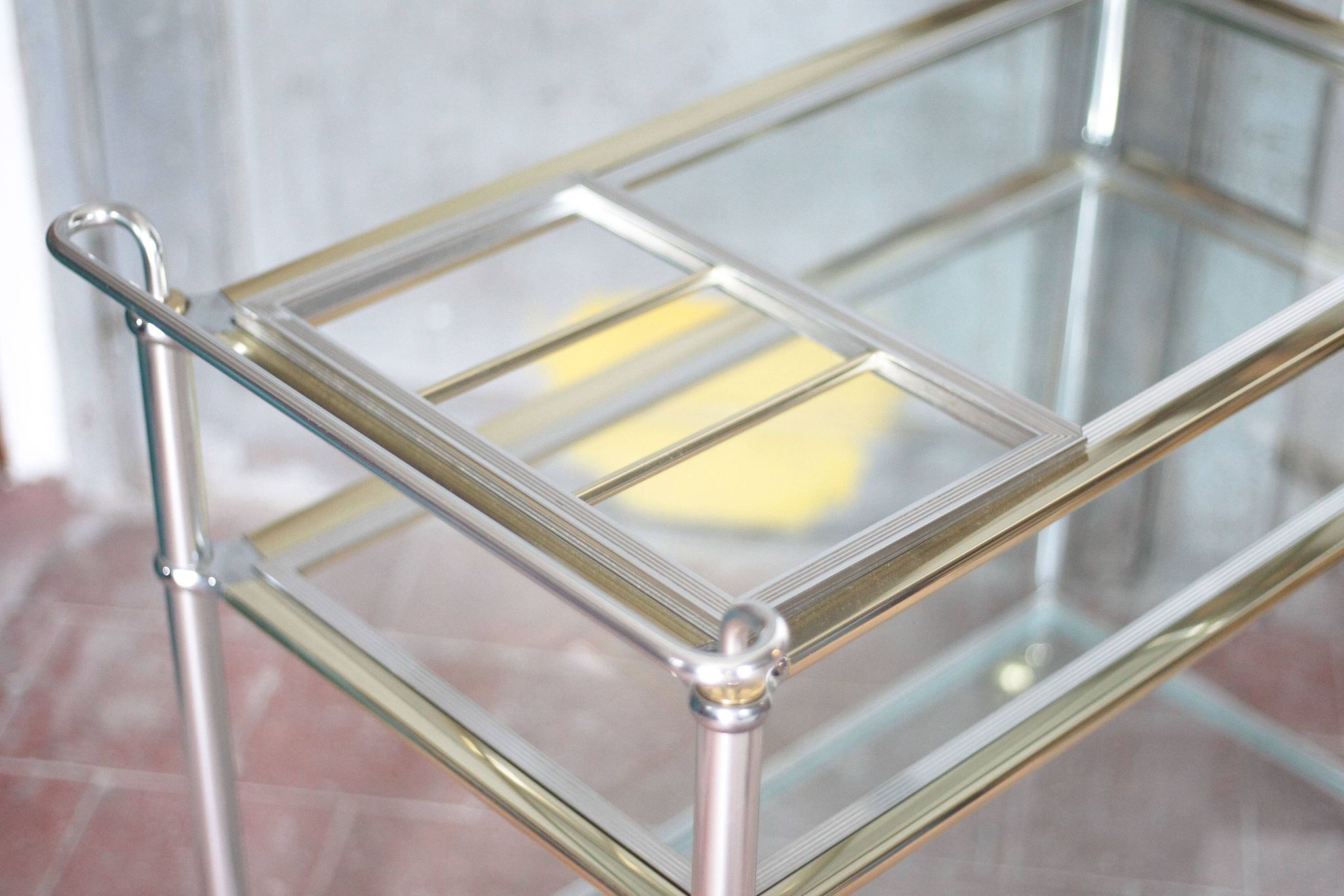 Vintage rolling dessert bar in gold metal and glass by Roche Bobois.