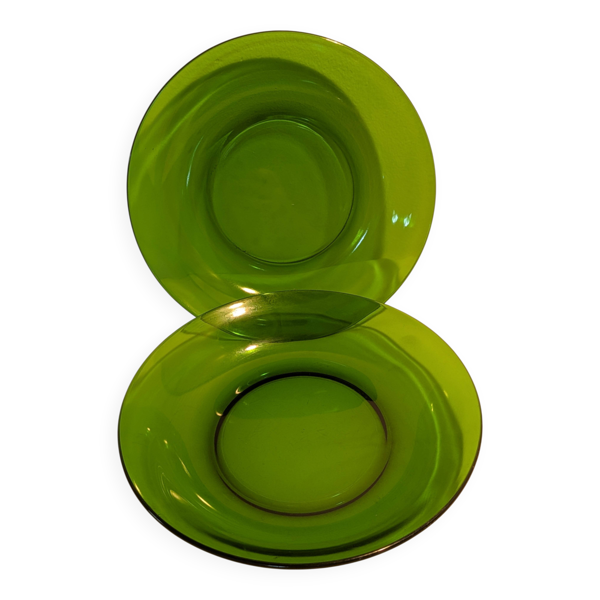 Set of 2 vintage green glass plates with dark rim – 1960s/70s
